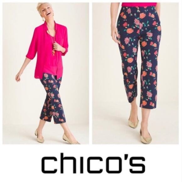 Chico's Women's Secret Stretch Crop Pants Floral Navy Size 2 - Picture 1 of 7